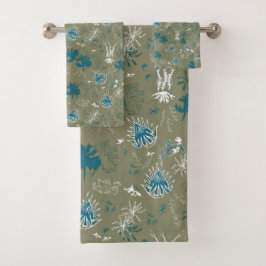 Botanischer Moosdruck in aquamarinem Grün und Moos Badhandtuch Set