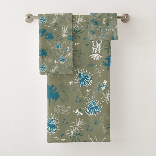 Botanischer Moosdruck in aquamarinem Grün und Moos Badhandtuch Set (Insitu)