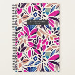 Botanischer Musterplaner für farbenfrohe Cutouts Planer<br><div class="desc">Aquarellfarben Ausschnitt inspiriert blaupfirsichfarben schwarz und lila blumengeschmückte Blätter Muster. Personalisieren Sie den Namen im grauen Rechteck vorne.</div>