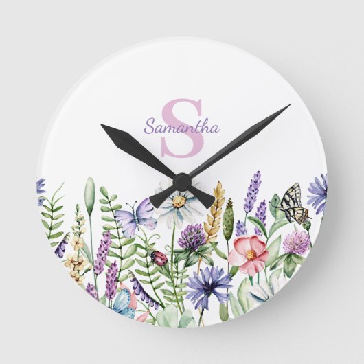 Botanischer Name Monogram floral Runde Wanduhr (Vorderseite)