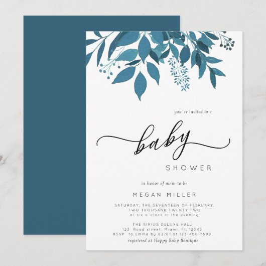 Botanischer Navy Blue | Script Winter Baby Dusche Einladung (Vorne/Hinten)