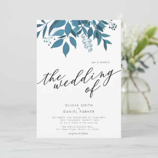 Botanischer Navy Blue | Script Winter Wedding Einladung (Stehend Vorderseite)