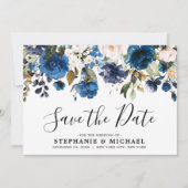 Botanischer Navy Blush Florals Save the Date (Vorderseite)