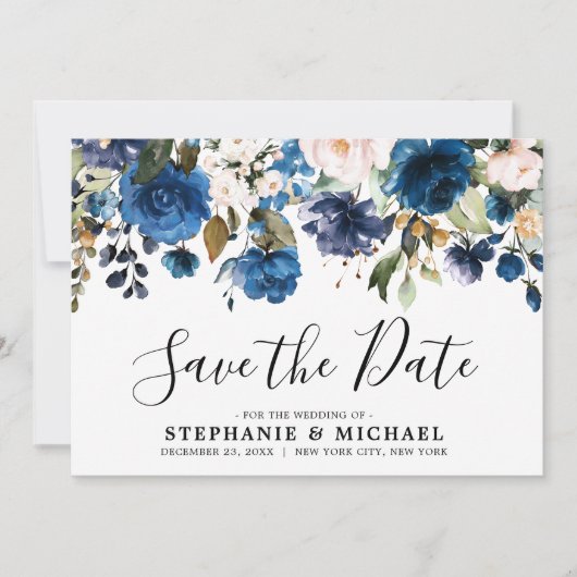 Botanischer Navy Blush Florals Save the Date (Vorderseite)