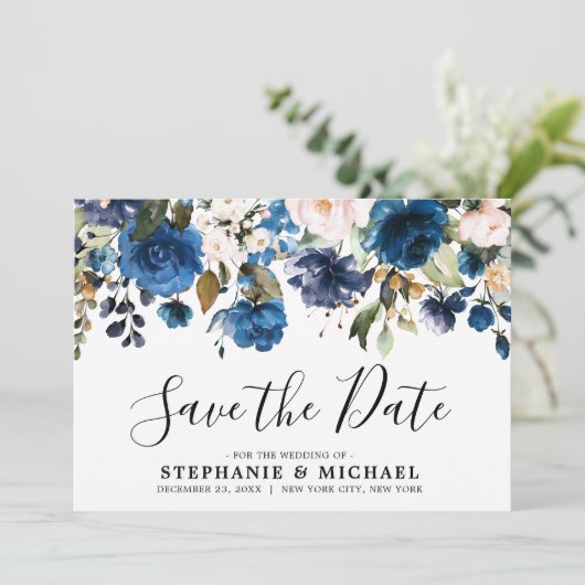 Botanischer Navy Blush Florals Save the Date (Stehend Vorderseite)