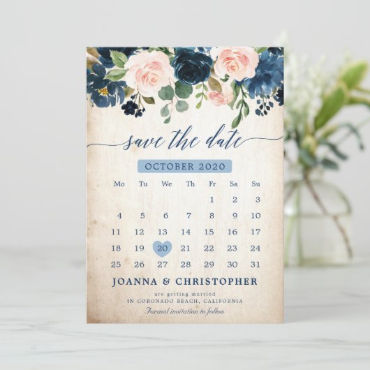 Botanischer Navy Blush Pink Rose Save the Date (Stehend Vorderseite)