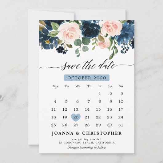 Botanischer Navy Blush Pink Rose Save the Date (Vorderseite)