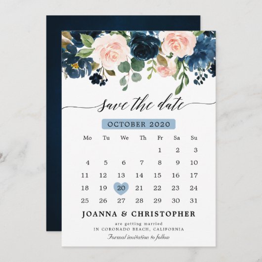 Botanischer Navy Blush Pink Rose Save the Date (Vorne/Hinten)