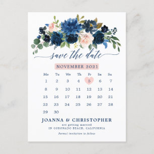 Botanischer Navy Blush Pink Rose Save the Date Ankündigungspostkarte