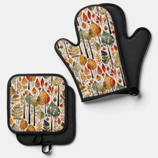 Botanischer Niederwald Mitte des Jahrhunderts Ofenhandschuh & Topflappen-Set (Vorderseite/Rückseite)