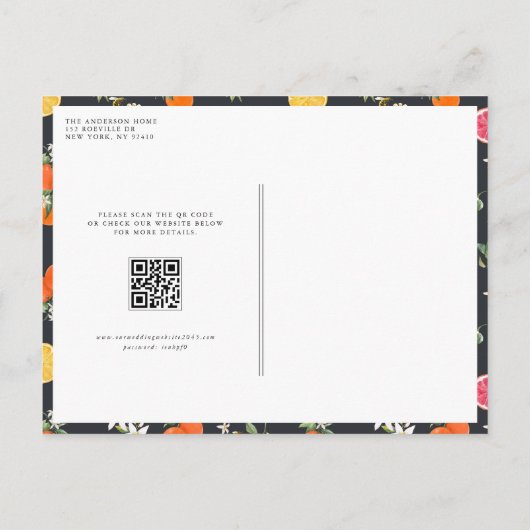 Botanischer Orange- und Lemon-QR-Code Save the Dat Ankündigungspostkarte (Rückseite)