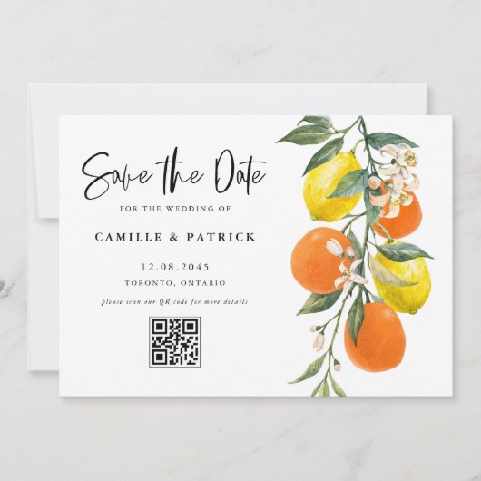 Botanischer Orange- und Lemon-QR-Code Save the Dat Date (Vorderseite)