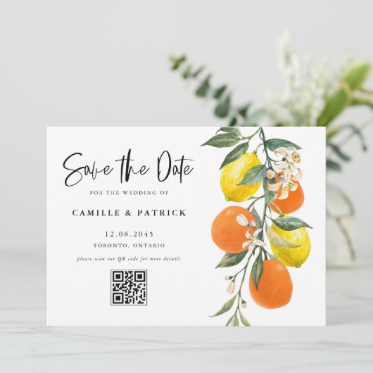 Botanischer Orange- und Lemon-QR-Code Save the Dat Date (Stehend Vorderseite)