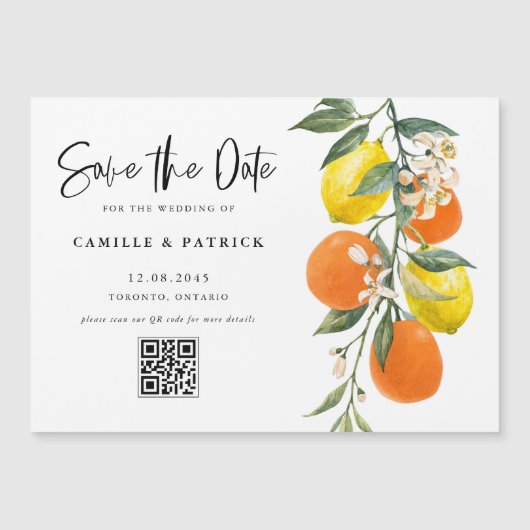 Botanischer Orange- und Lemon-QR-Code Save the Dat Magneteinladung (Vorderseite)