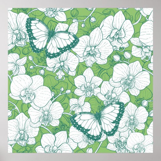 Botanischer Orchideengarten mit Schmetterlingen in Poster (Vorne)