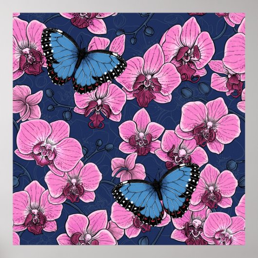 Botanischer Orchideengarten mit Schmetterlingen Poster (Vorne)