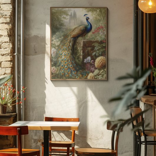 Botanischer Pfau bei Schloss im englischen Garten Poster