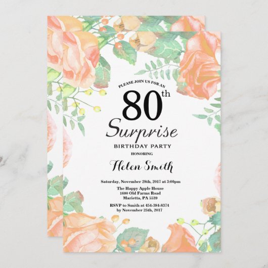 Botanischer Pfirsichblütenüberraschung 80. Geburts Einladung (Vorne/Hinten)