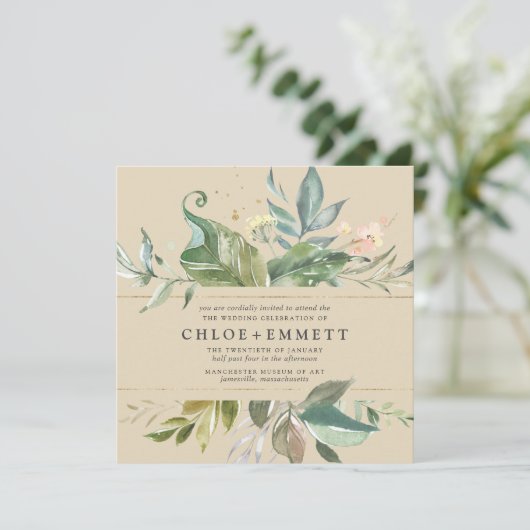 Botanischer Platz-Hochzeit vom Gold Pink Floral Bo Einladung (Stehend Vorderseite)