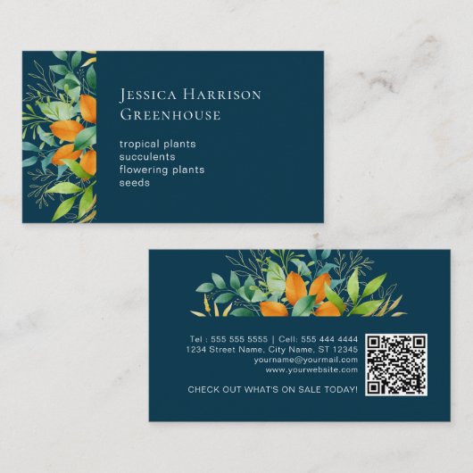 Botanischer QR-Code für Wasserfarben-Grünpflanzen Visitenkarte (Vorne/Hinten)