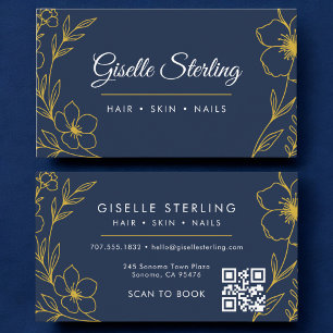 Botanischer QR Code Navy Blue Gold Beauty Salon Visitenkarte