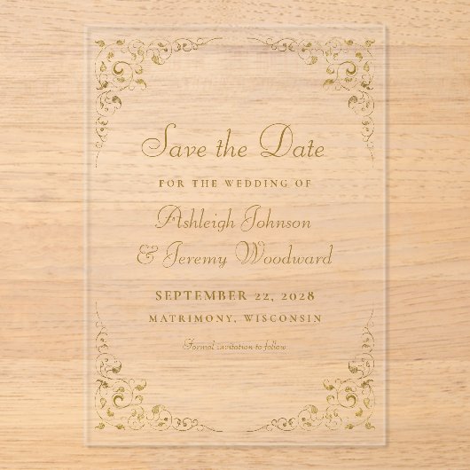 Botanischer Rahmen für Gold Script Save the Date Acryleinladungen (Vorderseite)
