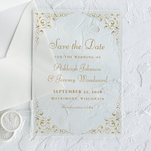 Botanischer Rahmen für Gold Script Save the Date Acryleinladungen