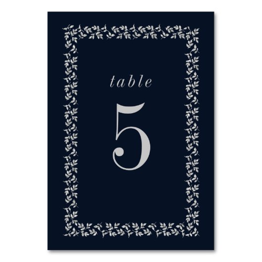 Botanischer Rahmen für Navy Blue Silver Glitzer Tischnummer (Vorderseite)