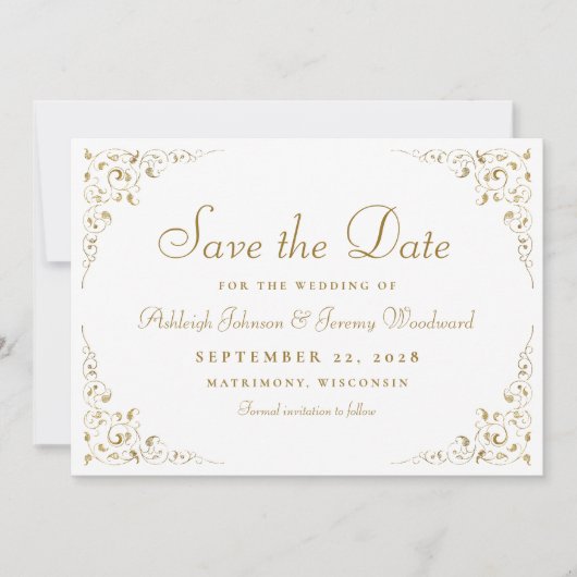 Botanischer Rahmen-Hochzeit mit Gold Script Save The Date (Vorderseite)