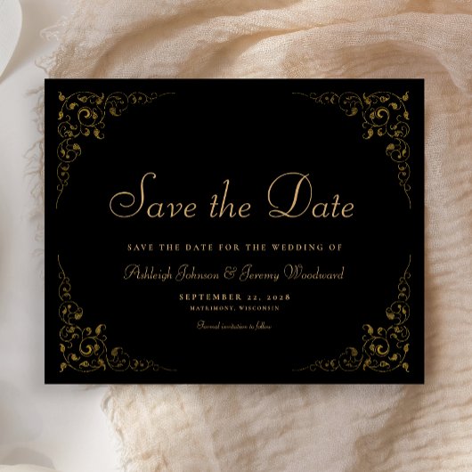 Botanischer Rahmen-Schwarz-Gold Save the Date