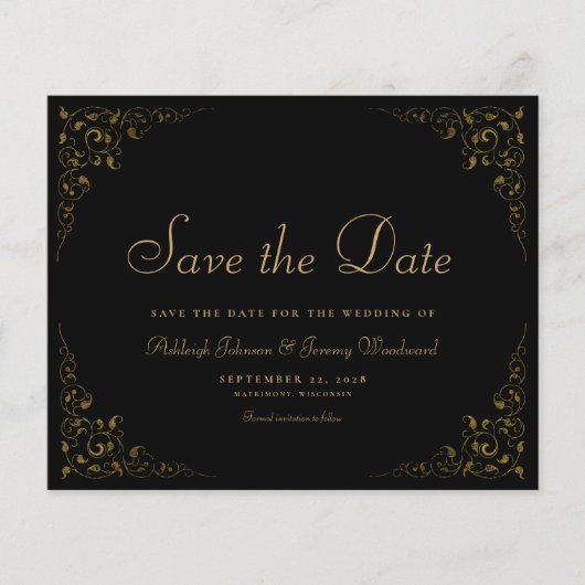 Botanischer Rahmen-Schwarz-Gold Save the Date (Vorderseite)