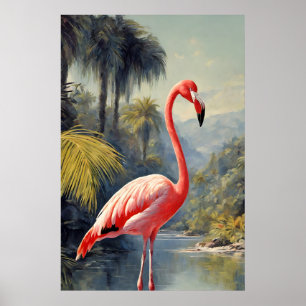 Botanischer Regenwald Rosa Flamingo Vintage Poster