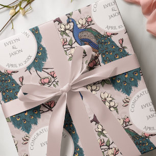 Botanischer Rosé-Hochzeits-Pfau und Blumen  Geschenkpapier