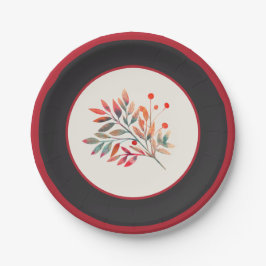 Botanischer Roter Berry Streifen und Blätter Pappteller