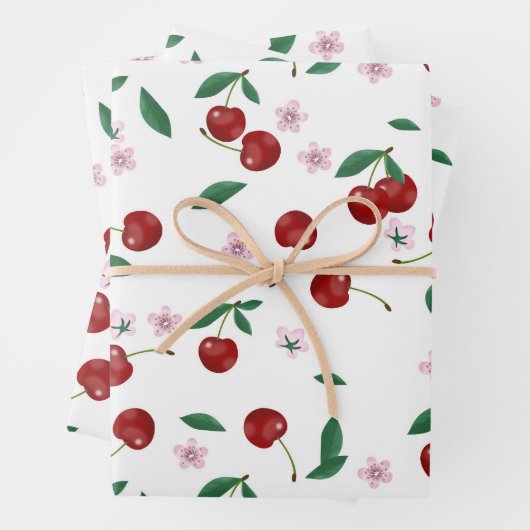 Botanischer Roter Kirschen Grüne & Blüten Geschenkpapier Set (Beispiel)