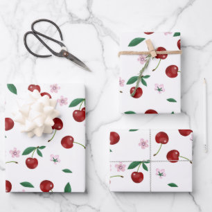 Botanischer Roter Kirschen Grüne & Blüten Geschenkpapier Set