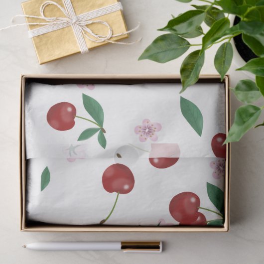 Botanischer Roter Kirschen Grüne & Blüten Seidenpapier (Geschenk)