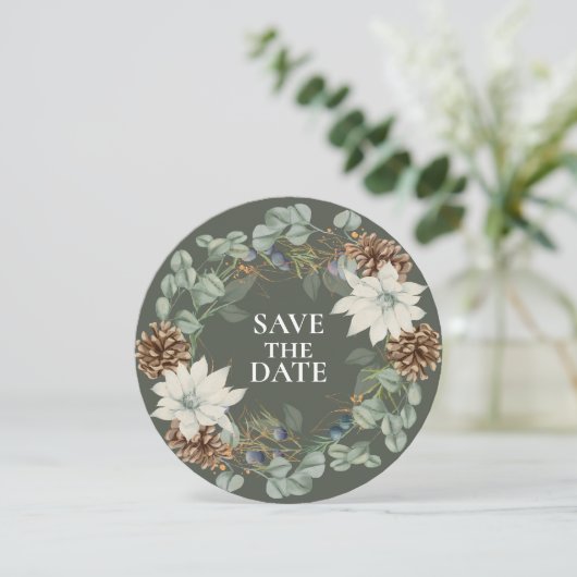 Botanischer Rustikaler Pinecone SAVE THE DATE auf (Stehend Vorderseite)