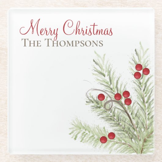 Botanischer Rustikaler Wasserfarbenurlaub Winter n Glasuntersetzer (Vorderseite)