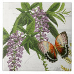 Botanischer Schmetterling Lila Wisteria Vintag 1 Fliese<br><div class="desc">#1 von 5 koordinierenden Fliesenbildern. Reich orange,  rostcreme und schwarzer Schmetterling und eine Lavendel-Wisteria mit Blume und einem flüchtige Blick von Farnfronten über handgeschriebenen Schriftzeichen-Ephemeriden und antiken Werbebildern auf einem weichen,  elfenbeinfarbenen Hintergrund. Collage erstellt und grafisch entworfen von international lizenzierten Künstler und Designer,  Audrey Jeanne Roberts,  Copyright.</div>