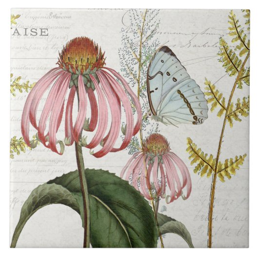 Botanischer Schmetterling Pink Wildblume Fern Vint Fliese (Vorderseite)