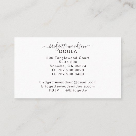 Botanischer Schwarz-weißer Skriptname Innendesign Visitenkarte (Rückseite)