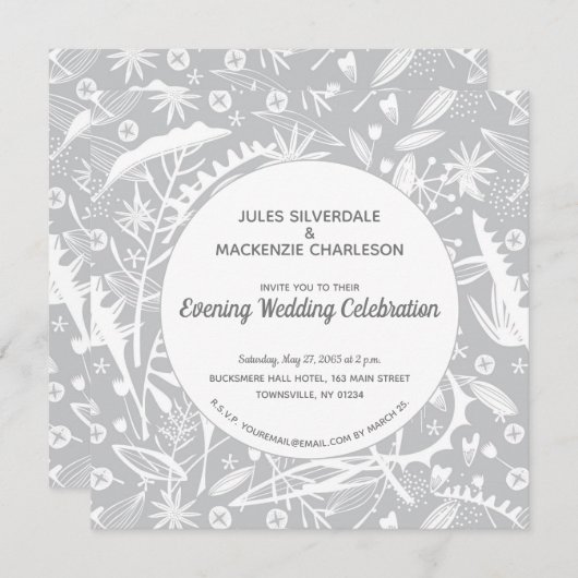 Botanischer Silbergrau-Muster-Abend Hochzeit Einladung (Vorne/Hinten)