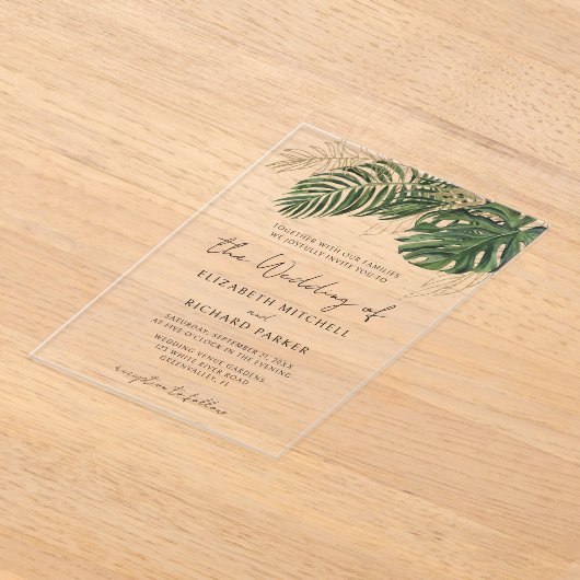 Botanischer Sommer-Boho-Hochzeit im tropischen Grü Acryleinladungen (Ablage )