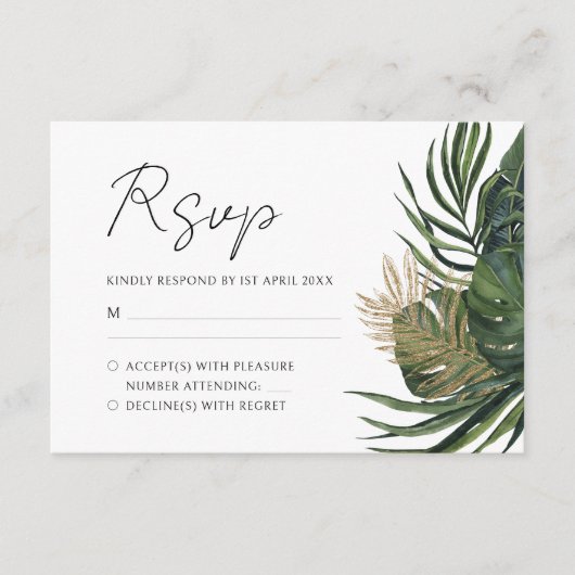 Botanischer Sommer-Boho-Hochzeit im tropischen Grü RSVP Karte (Vorderseite)