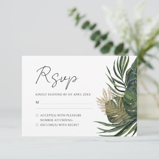 Botanischer Sommer-Boho-Hochzeit im tropischen Grü RSVP Karte (Stehend Vorderseite)