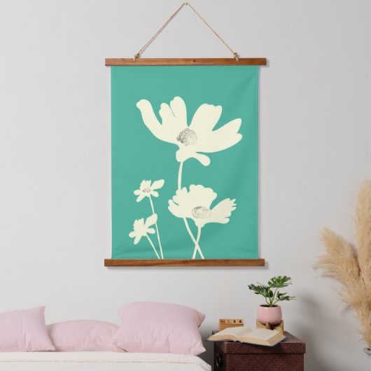 Botanischer Sommerkosmos Blume Silhouetten Wandteppich Mit Holzrahmen (Schlafzimmer)