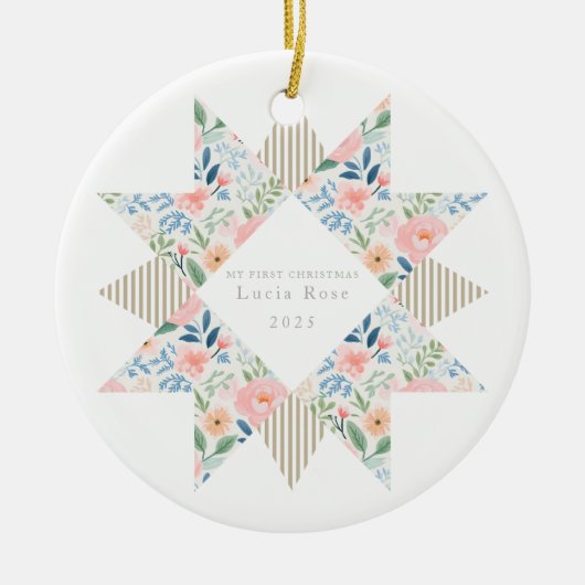 Botanischer Streifen-Quilt-Blockstern Keramik Ornament (Vorne)