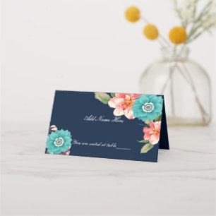 Botanischer Tisch in Blau und Rosa Platzkarte