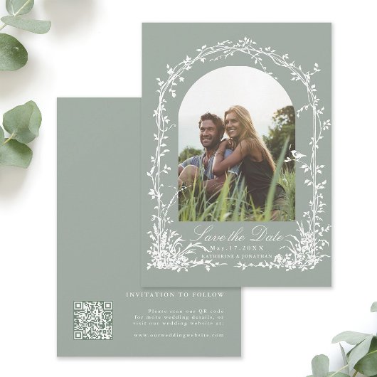 Botanischer Torbogen-Garten Sage Green Hochzeitsfo Save The Date